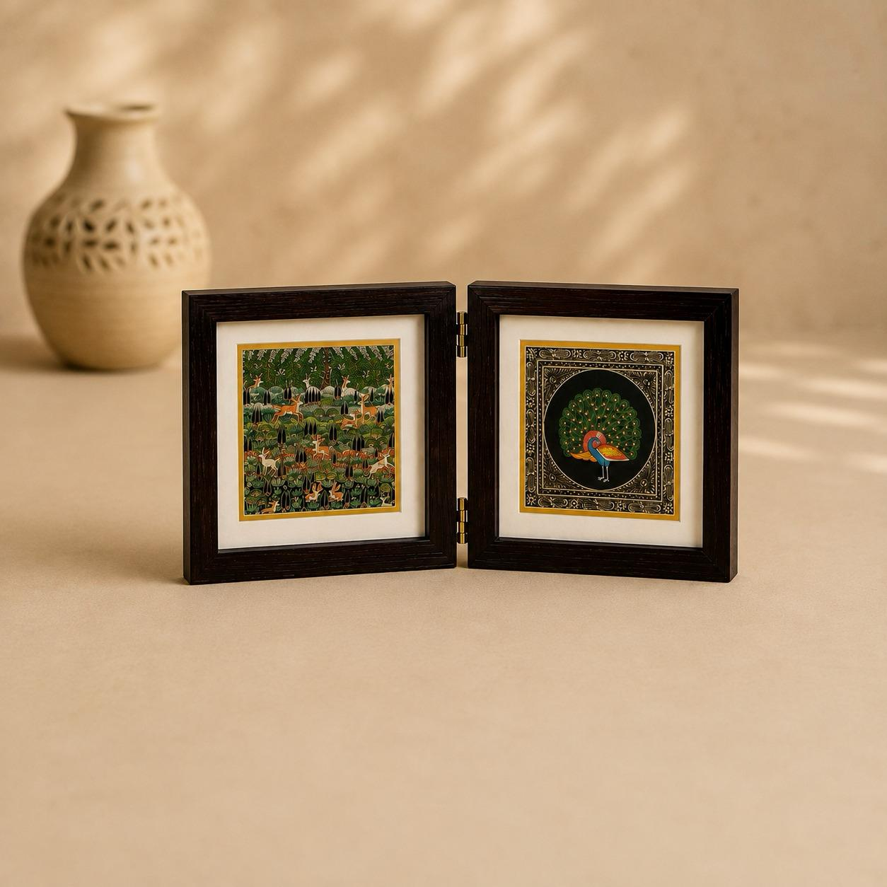 Sangam Dhokra and Miniature Double Frame, handcrafted dhokra and miniature art