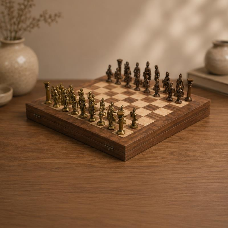 Shatranj Wood and Brass Chess Set, handcrafted wood carving and brass metal craft