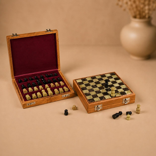 Shatranj Hand Carved Soft Stone Chess Board, handcrafted Jaipur soft stone carving