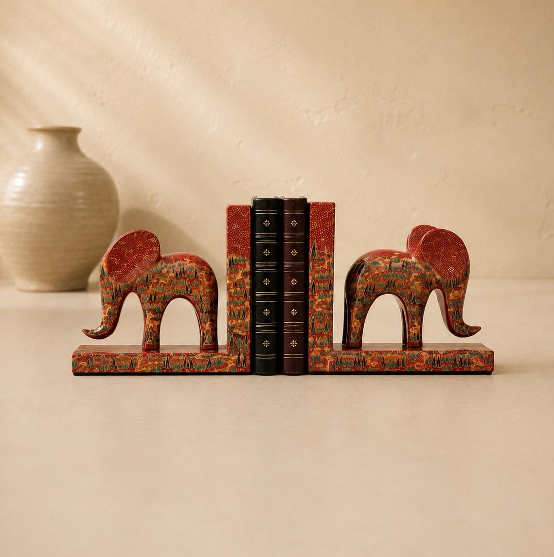 Haathi Kashmiri Papier Mache Elephant Bookend, handcrafted Kashmir papier mache