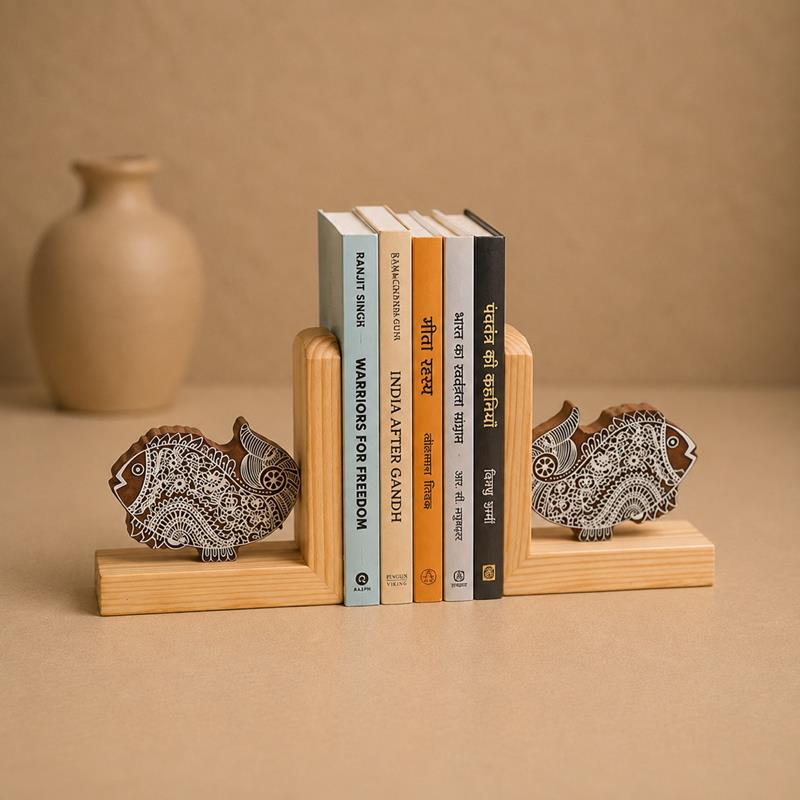 Machhli Wooden Handblock Print Fish Bookend, handcrafted Farrukhabad block print