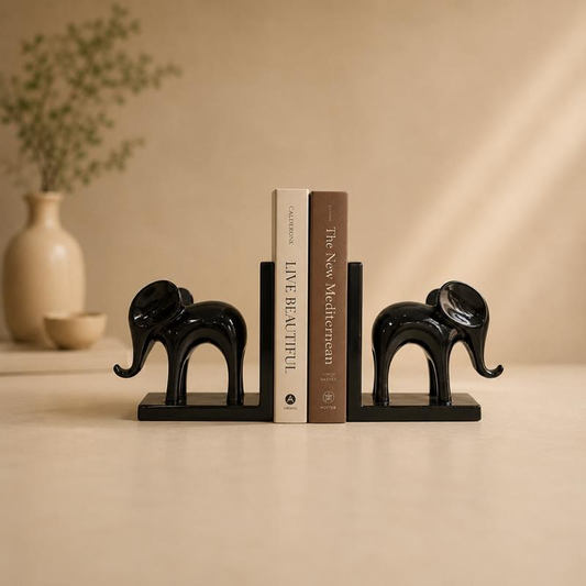 Kali Gaja Ceramic Black Elephant Bookends, handcrafted Khurja ceramic