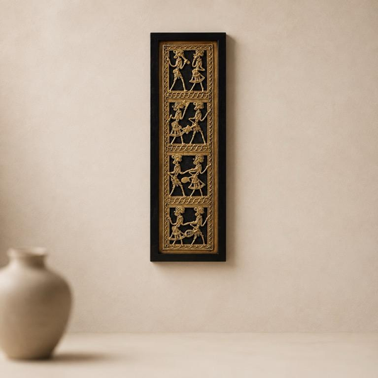 Sangam Vriksha Dhokra Tussar Vertical Framed Wall Art, handcrafted Dhokra and Tussar art