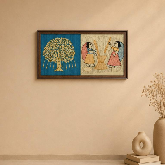 Sangam Vriksha Sujani Embroidered Tree Wall Frame, handcrafted metal and Sujani embroidery