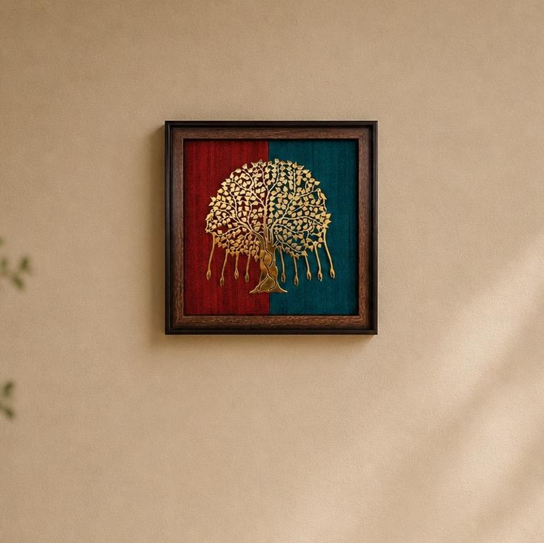 Rang Vriksha Dual-Tone Metal Tree Wall Frame, handcrafted metal and Tussar silk