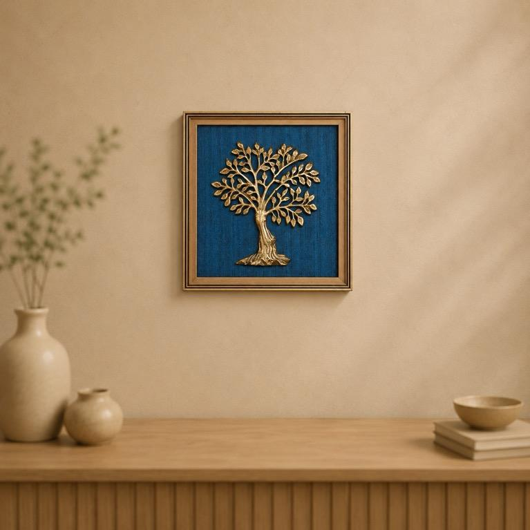Neel Vriksha Blue Backdrop Metal Tree Wall Frame, handcrafted metal and Tussar silk