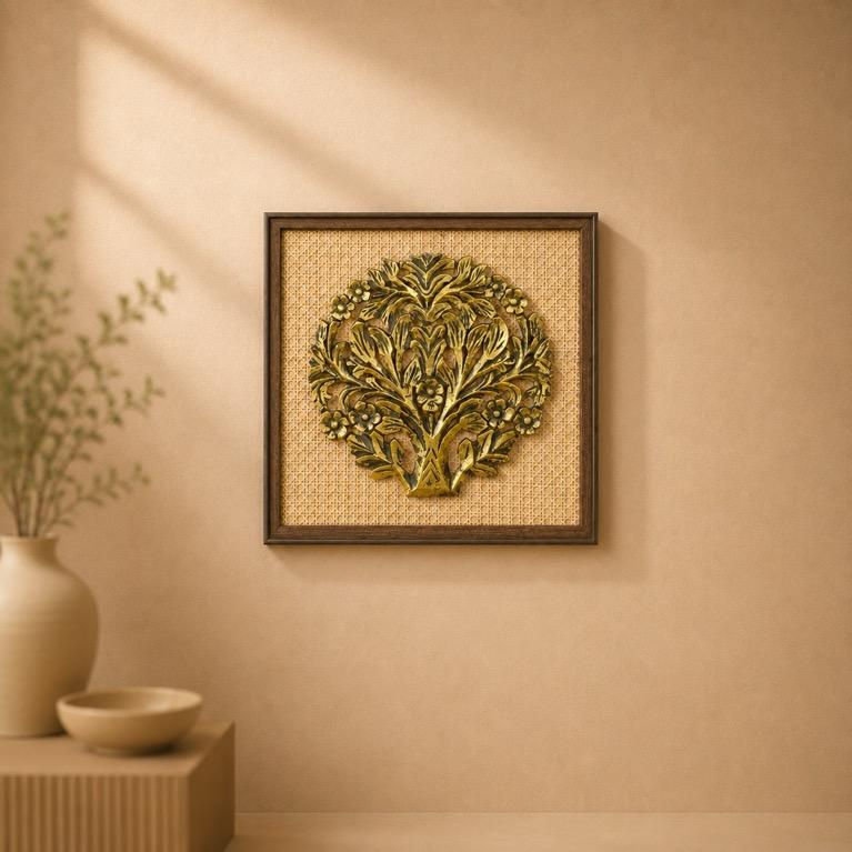 Vanashree Carved Wooden Tree Roundel Wall Panel, handcrafted wood carving