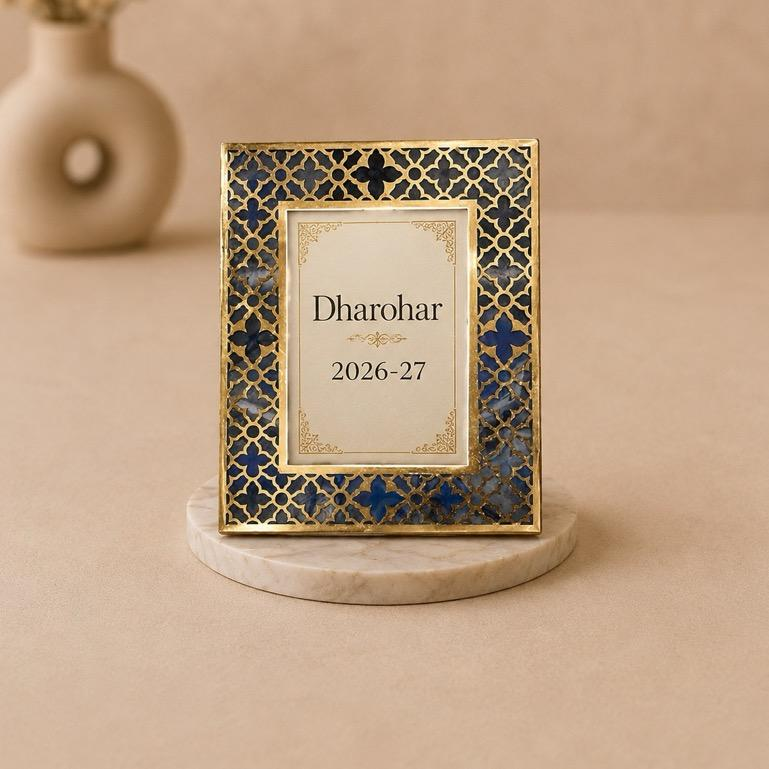 Swarn Jaali Photo Frame Gold Metal Lattice on Marble Base, handcrafted metal craft