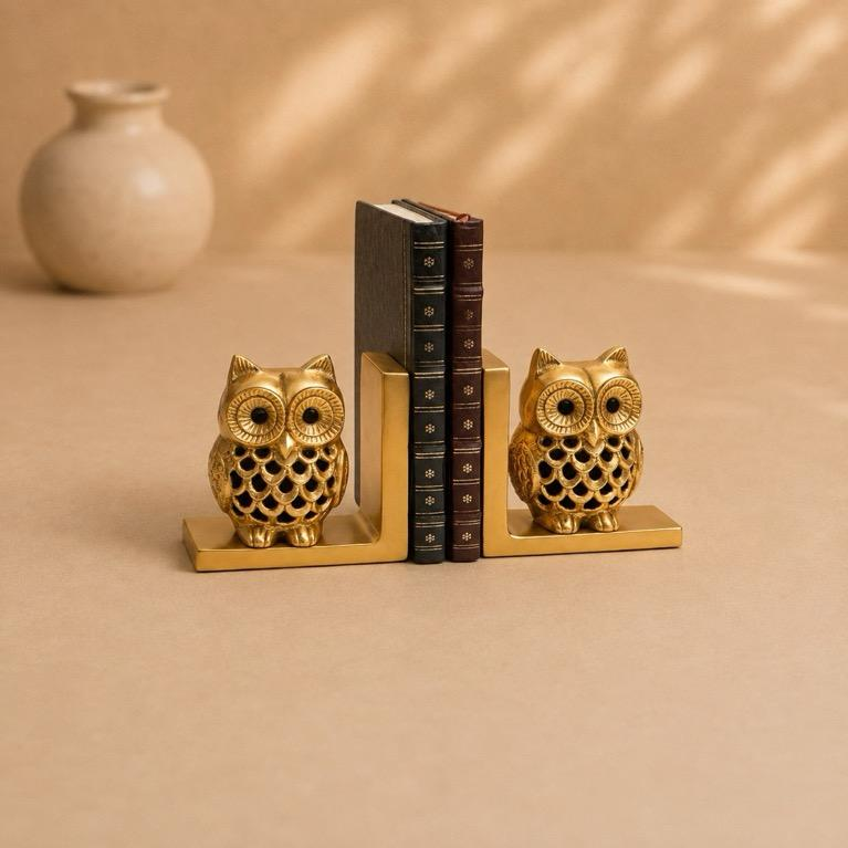 Ullu Owl Bookends, handcrafted gold metal craft