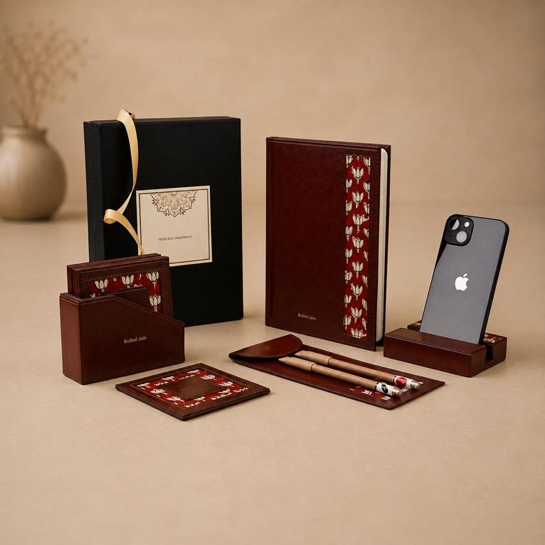Lekhan Personalised Leather Stationery Set, diary and card holder