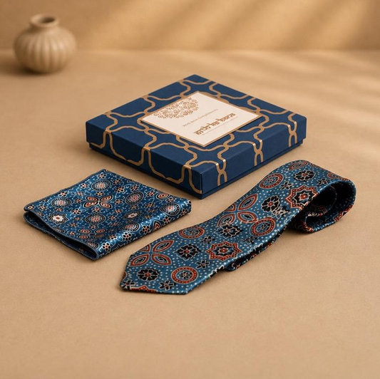 Ajrakh Saaj Tie & Pocket Square Set, handcrafted Ajrakh print