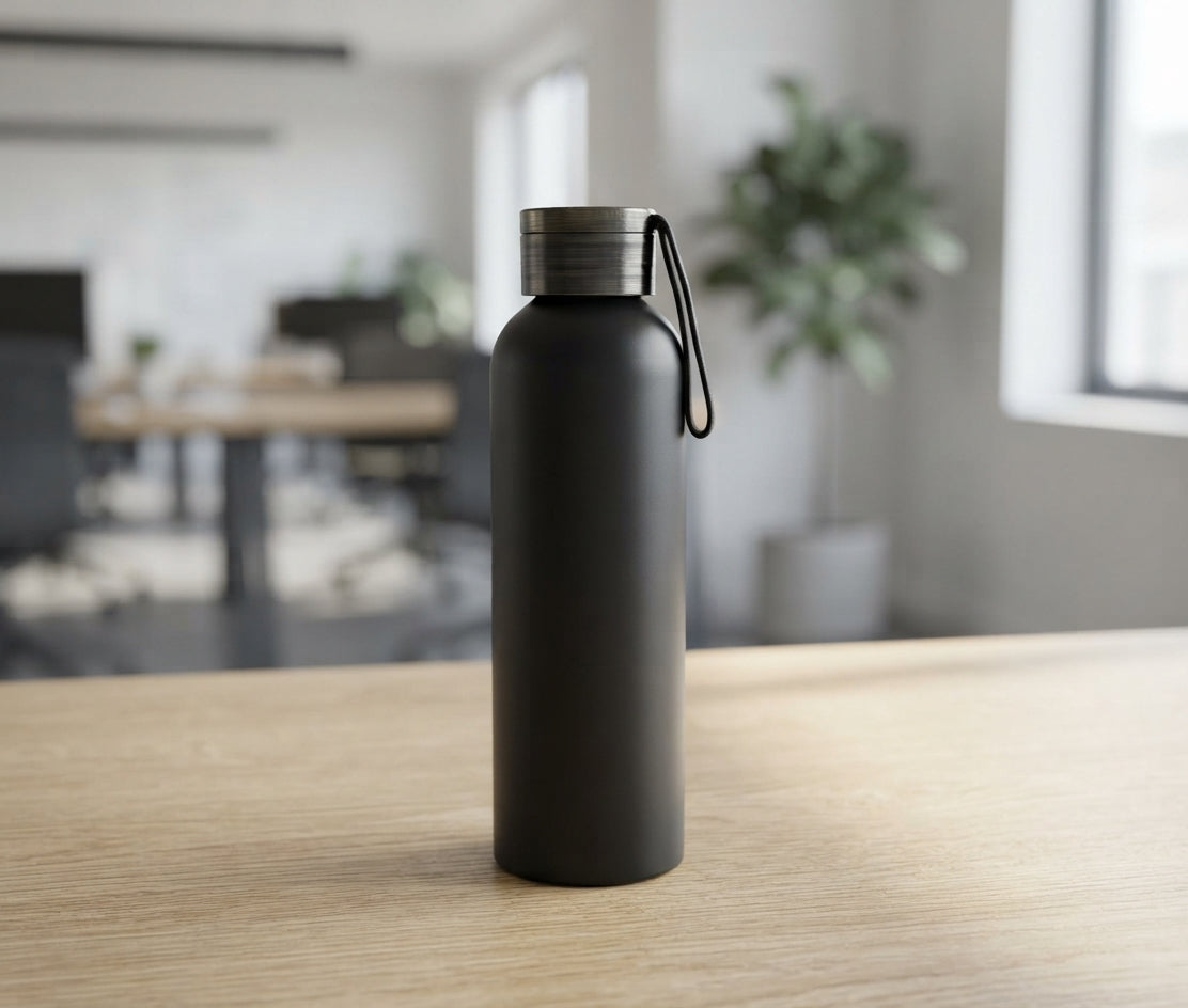 Matte Aluminium Bottle - lifestyle desk shot - Meru Trophy corporate gifting