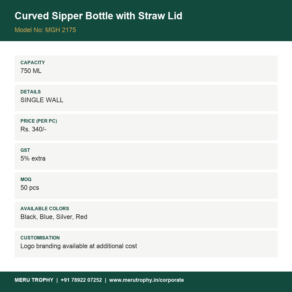 Curved Sipper Bottle with Straw Lid - spec card - Meru Trophy corporate gifting