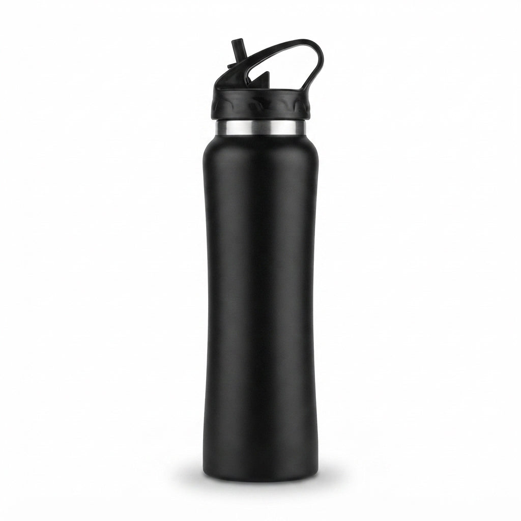 Curved Sipper Bottle with Straw Lid - Black - Meru Trophy corporate gifting