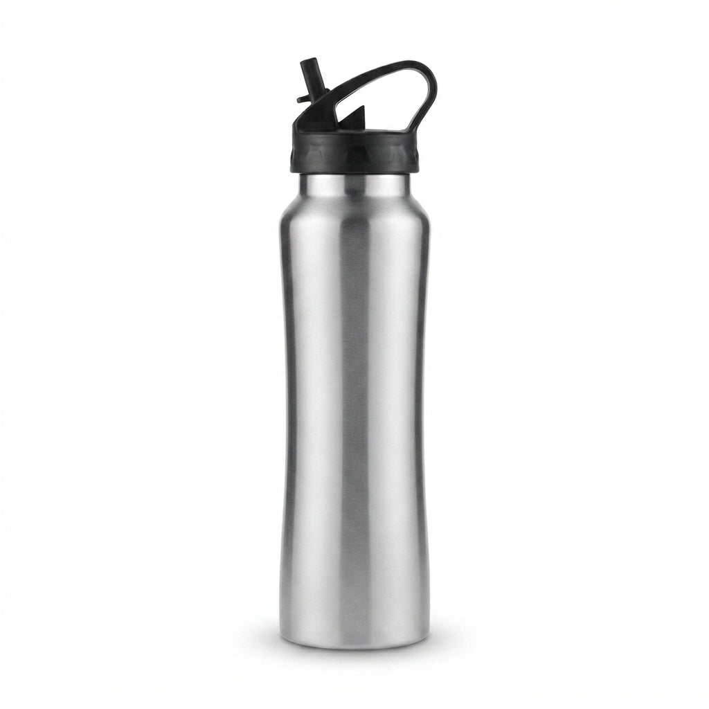Curved Sipper Bottle with Straw Lid - Silver - Meru Trophy corporate gifting