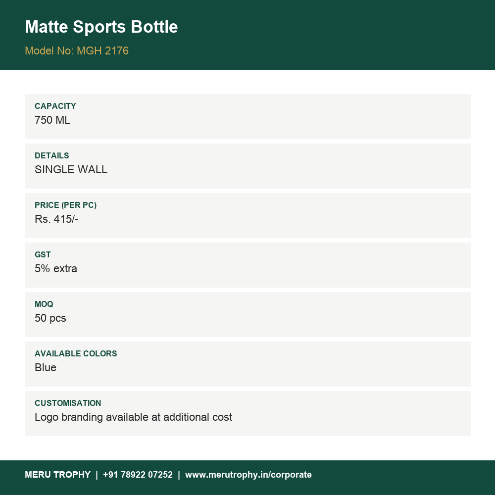 Matte Sports Bottle - spec card - Meru Trophy corporate gifting