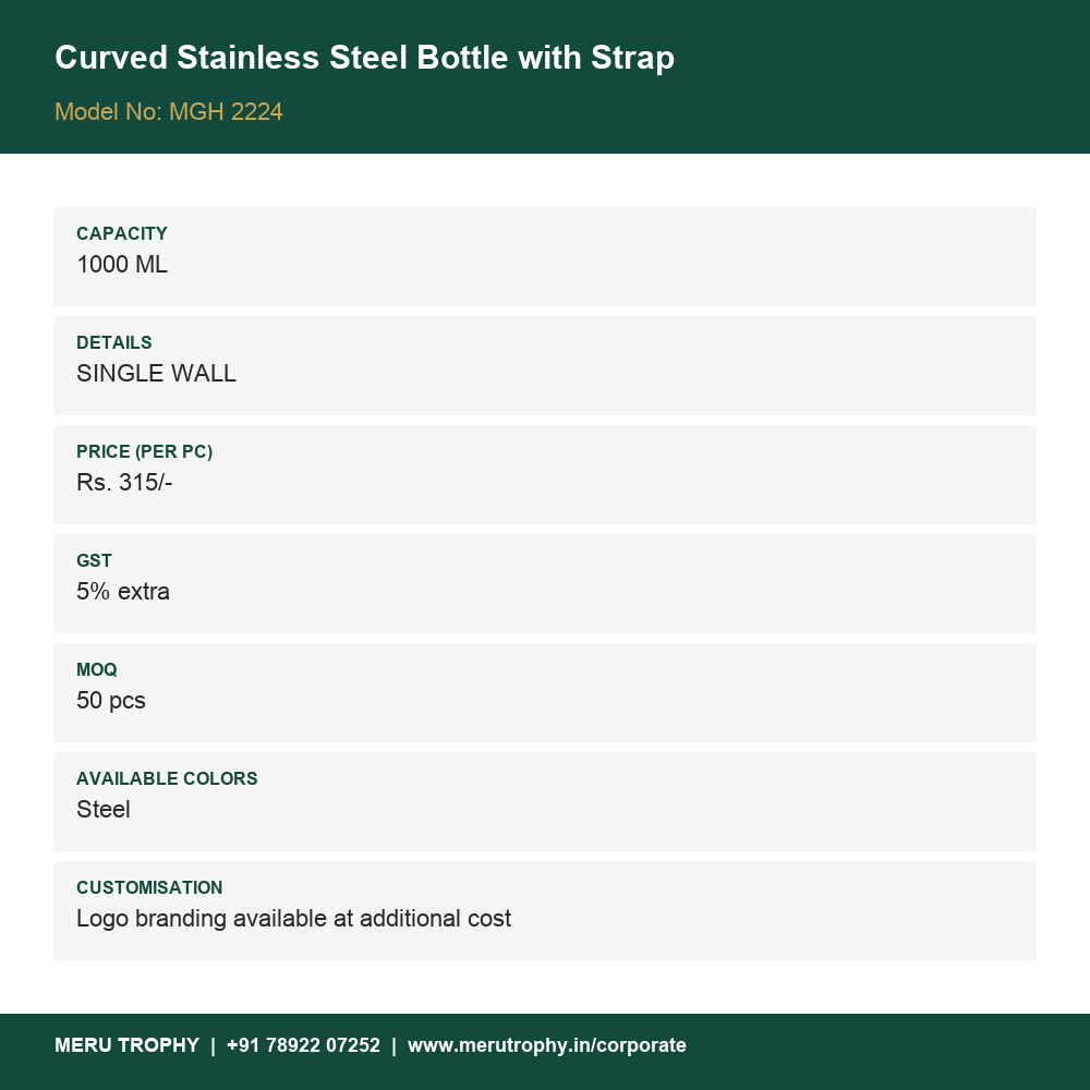 Curved Stainless Steel Bottle with Strap - product details card - Meru Trophy corporate gifting