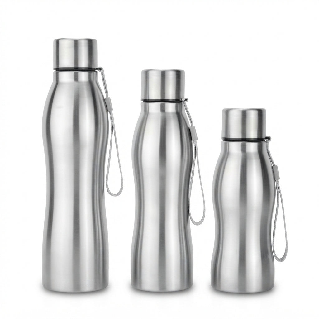 Curved Stainless Steel Bottle with Strap - Steel - Meru Trophy corporate gifting