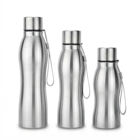 Curved Stainless Steel Bottle with Strap - Steel - Meru Trophy corporate gifting