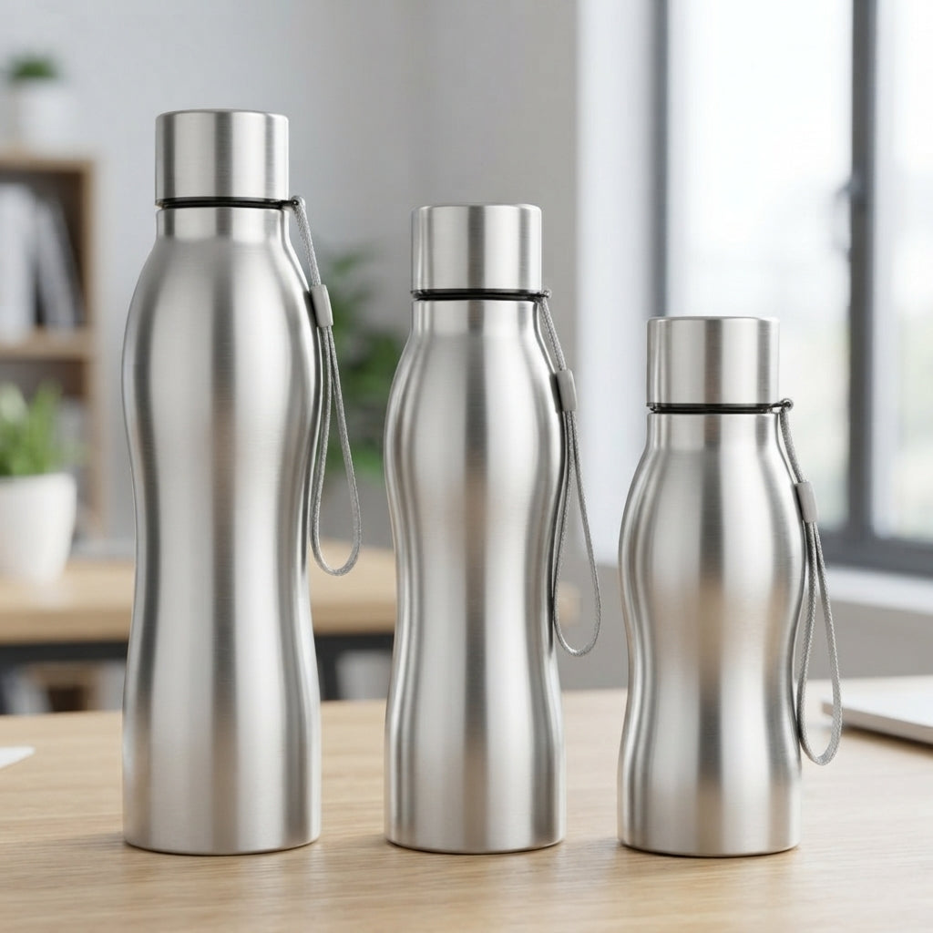 Curved Stainless Steel Bottle with Strap - lifestyle desk shot - Meru Trophy corporate gifting
