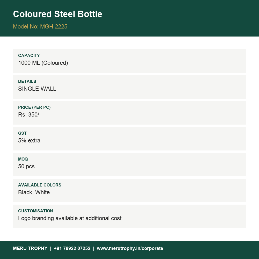 Coloured Steel Bottle - product details card - Meru Trophy corporate gifting