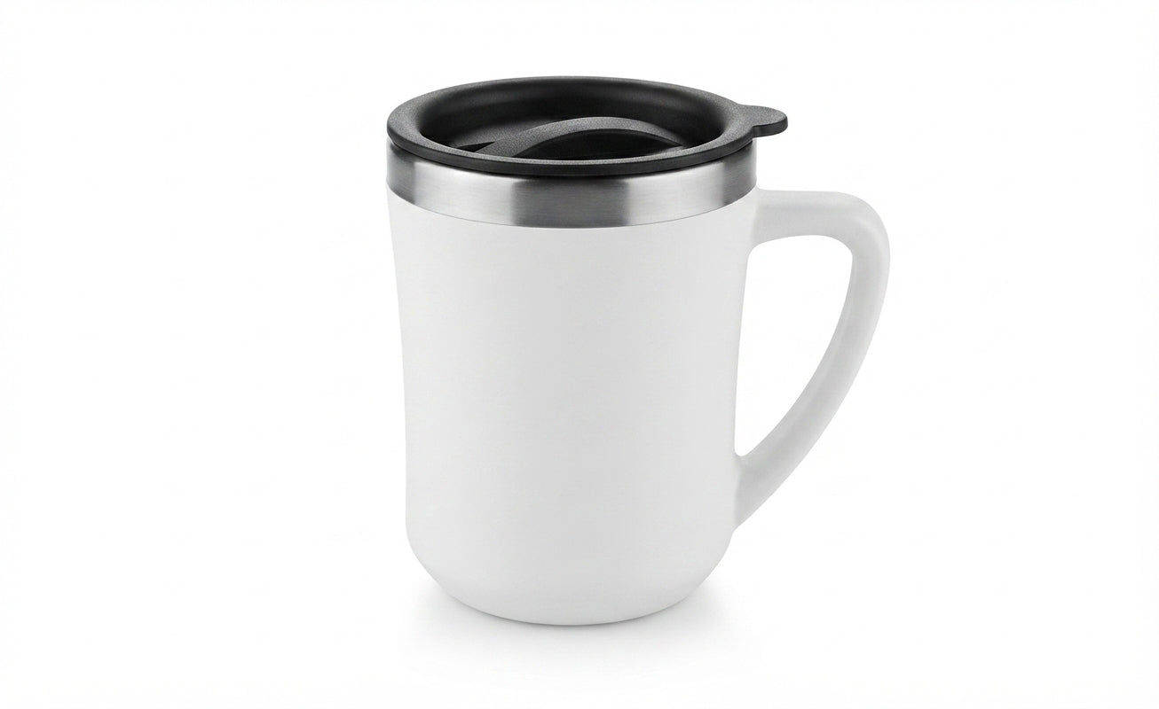 Steel Inner Coffee Mug with Lid - White - Meru Trophy corporate gifting