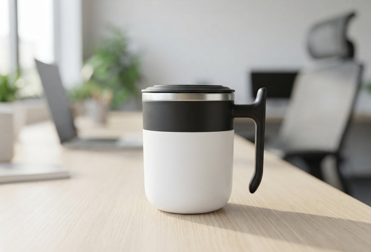Desk Mug with Lid and Handle - lifestyle - Meru Trophy corporate gifting