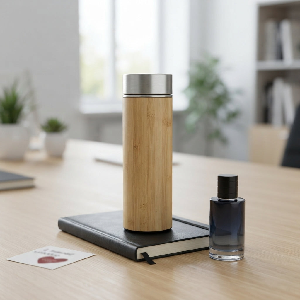 Bamboo Vacuum Flask Gift Set with Infuser Lid - lifestyle desk shot - Meru Trophy corporate gifting