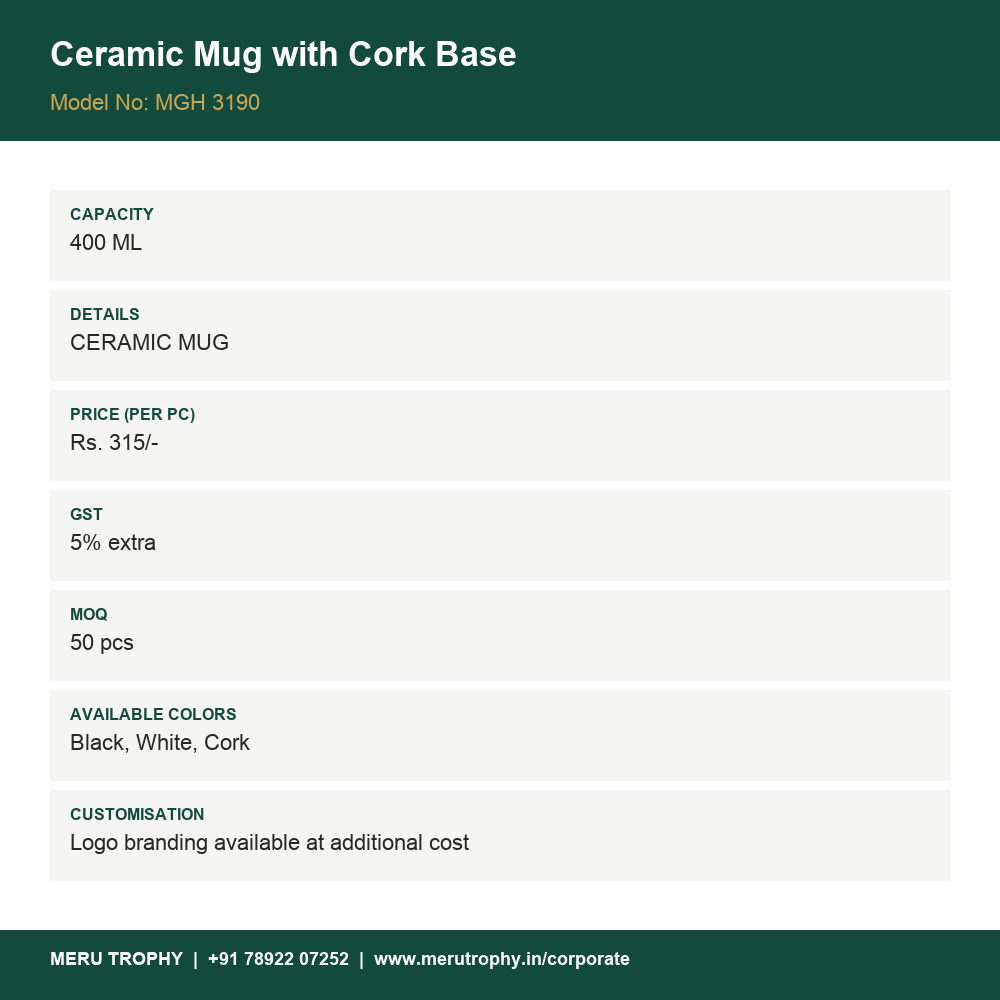 Ceramic Mug with Cork Base - product details card - Meru Trophy corporate gifting