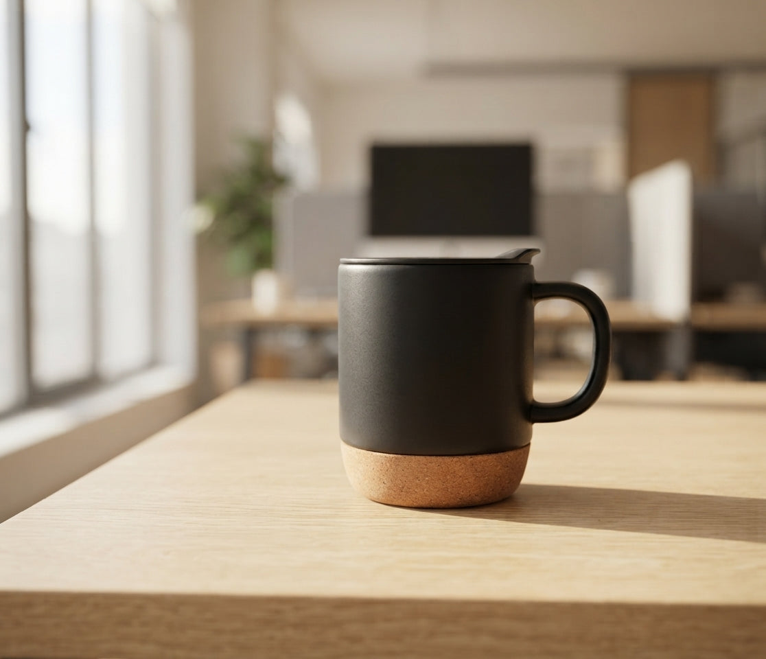 Ceramic Mug with Cork Base - lifestyle - Meru Trophy corporate gifting