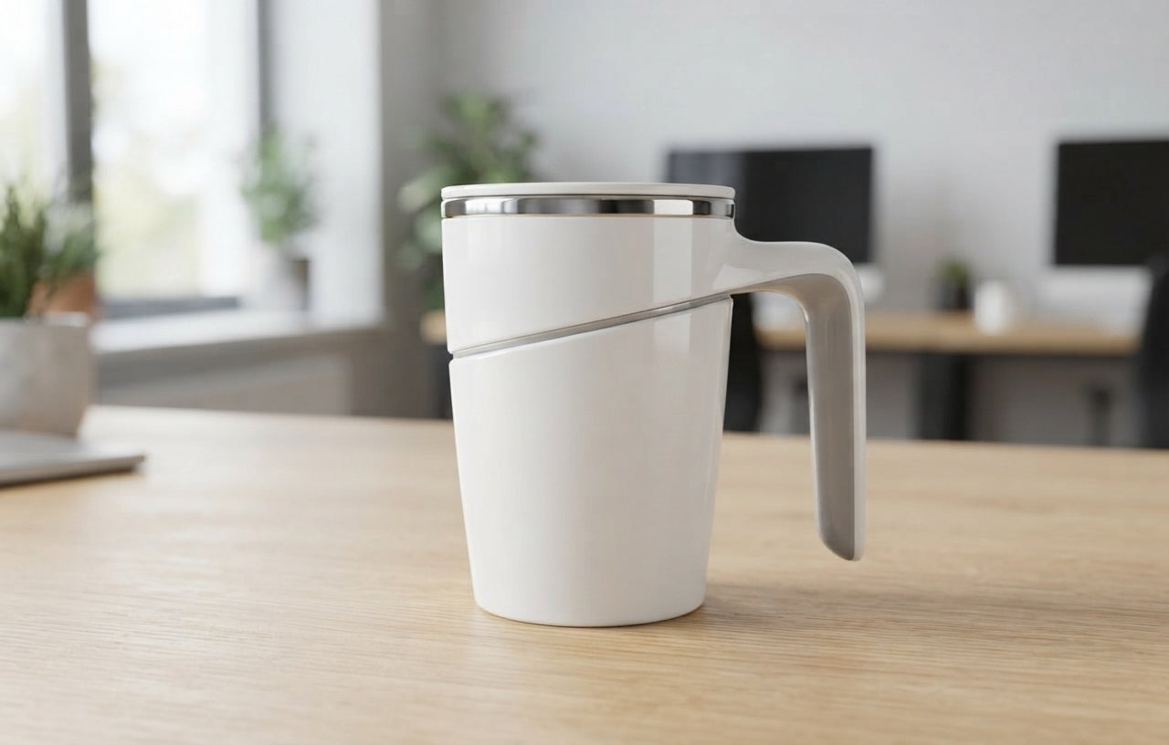 Customizable Suction Mug with Handle - lifestyle desk shot - Meru Trophy corporate gifting