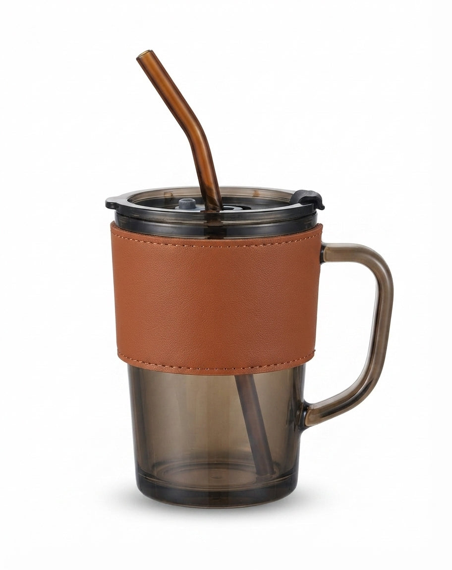 Glass Mug with PU Sleeve and Straw - Brown - Meru Trophy corporate gifting