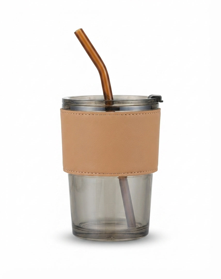 Glass Mug with PU Sleeve and Straw - Tan - Meru Trophy corporate gifting