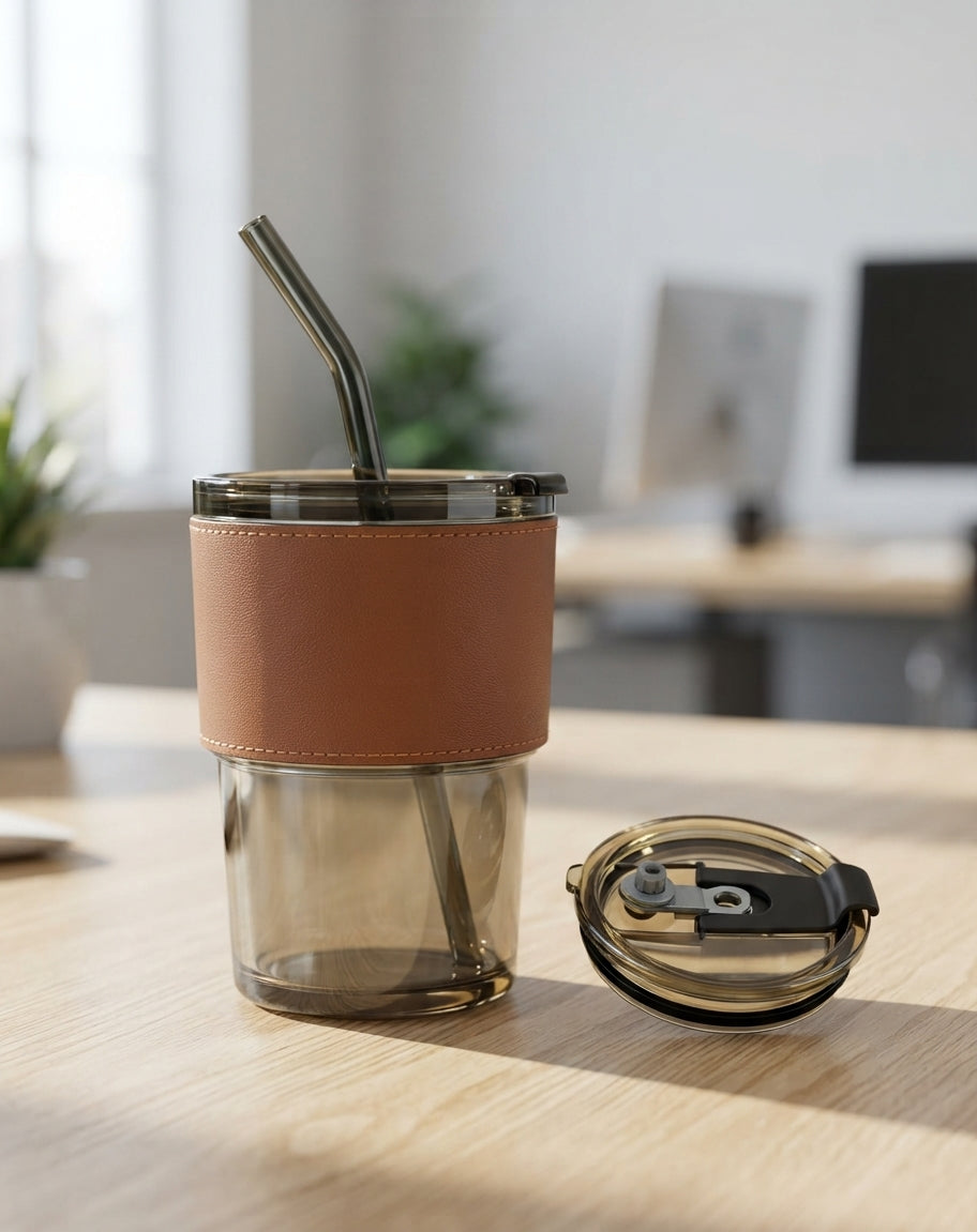 Glass Mug with PU Sleeve and Straw - lifestyle - Meru Trophy corporate gifting