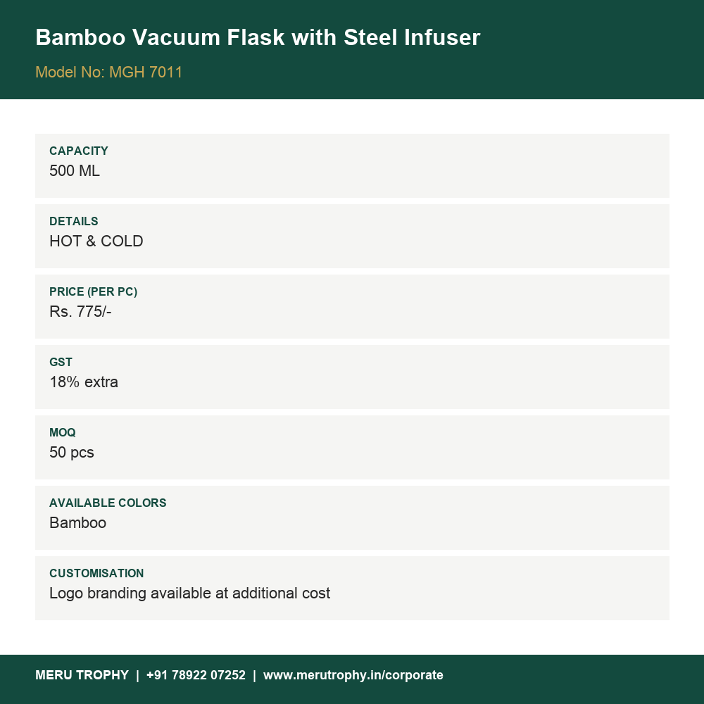 Bamboo Vacuum Flask with Steel Infuser - product detail card - Meru Trophy corporate gifting