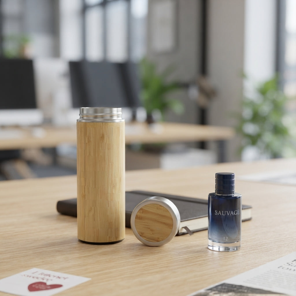 Bamboo Vacuum Flask with Steel Infuser - lifestyle desk shot - Meru Trophy corporate gifting