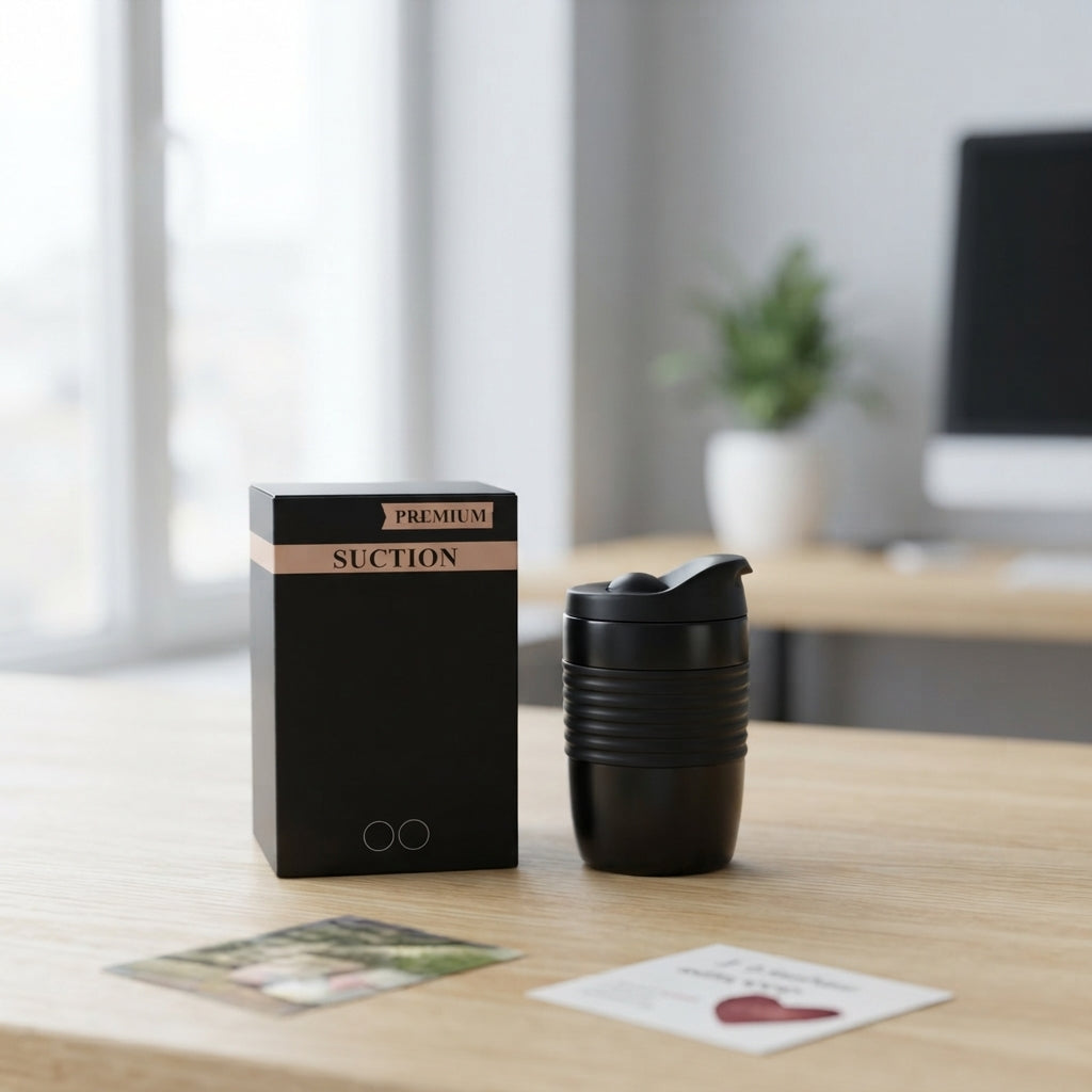 Suction Coffee Cup with Gift Box - lifestyle desk shot - Meru Trophy corporate gifting
