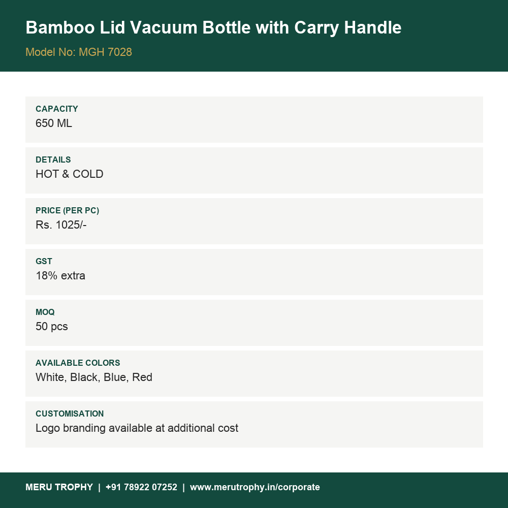 Bamboo Lid Vacuum Bottle with Carry Handle - product detail card - Meru Trophy corporate gifting