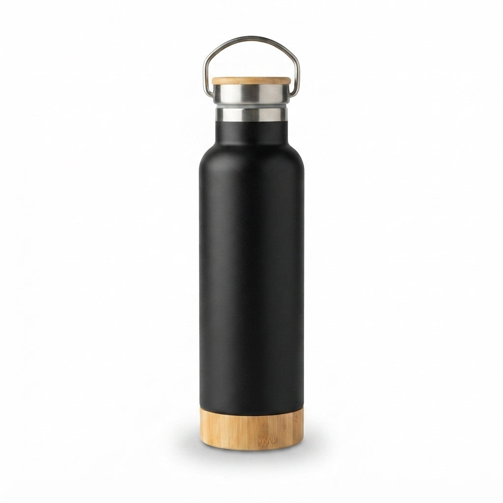 Bamboo Lid Vacuum Bottle with Carry Handle - Black - Meru Trophy corporate gifting