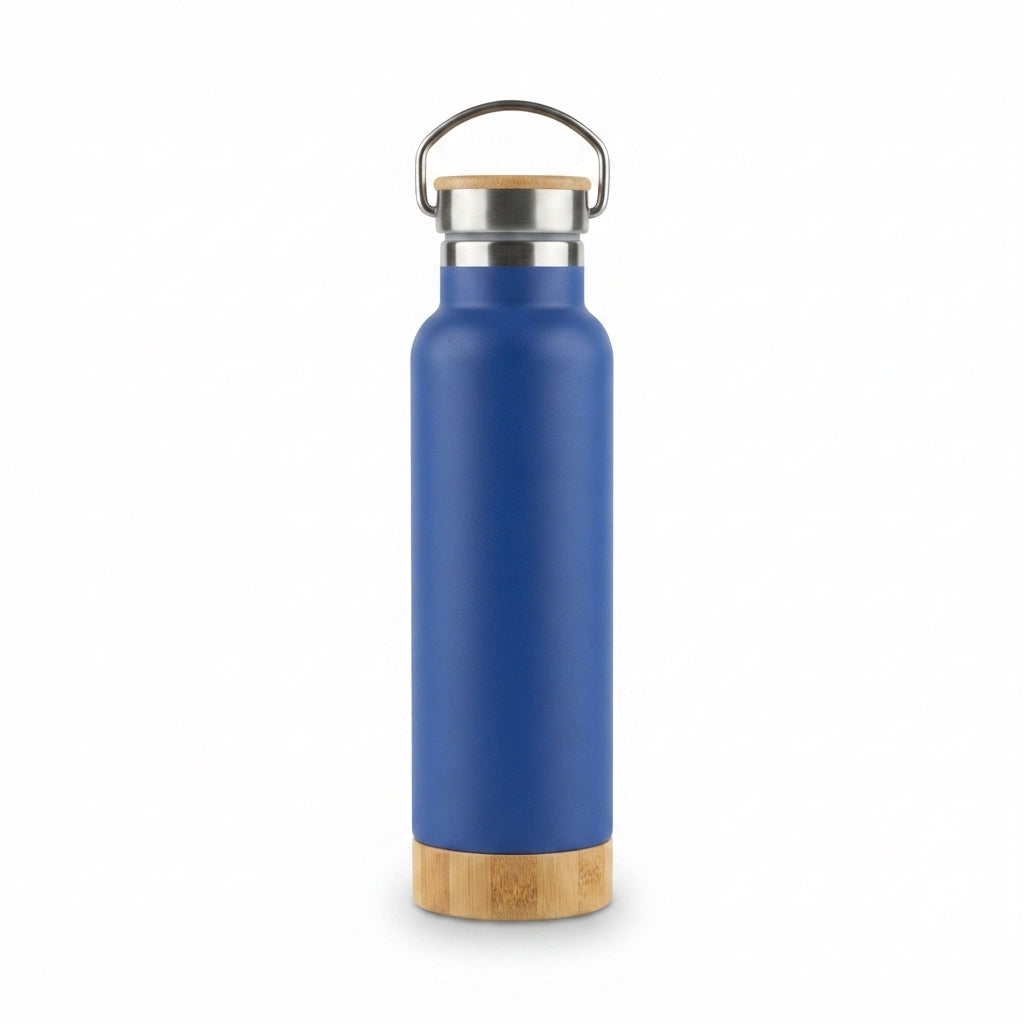 Bamboo Lid Vacuum Bottle with Carry Handle - Blue - Meru Trophy corporate gifting