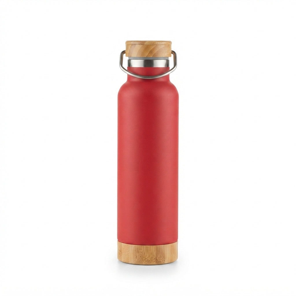 Bamboo Lid Vacuum Bottle with Carry Handle - Red - Meru Trophy corporate gifting