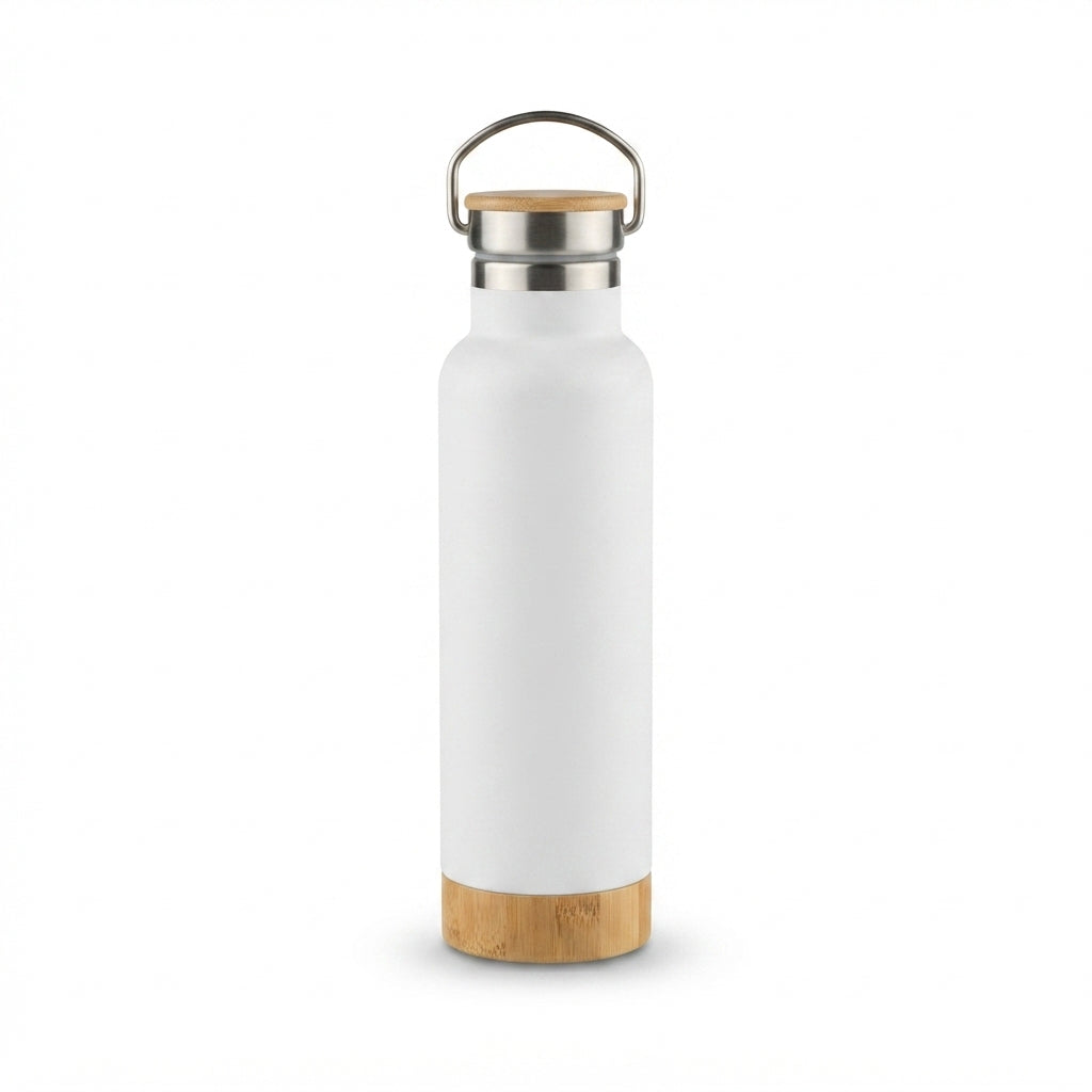 Bamboo Lid Vacuum Bottle with Carry Handle - White - Meru Trophy corporate gifting