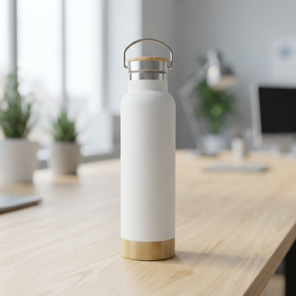 Bamboo Lid Vacuum Bottle with Carry Handle - lifestyle desk shot - Meru Trophy corporate gifting