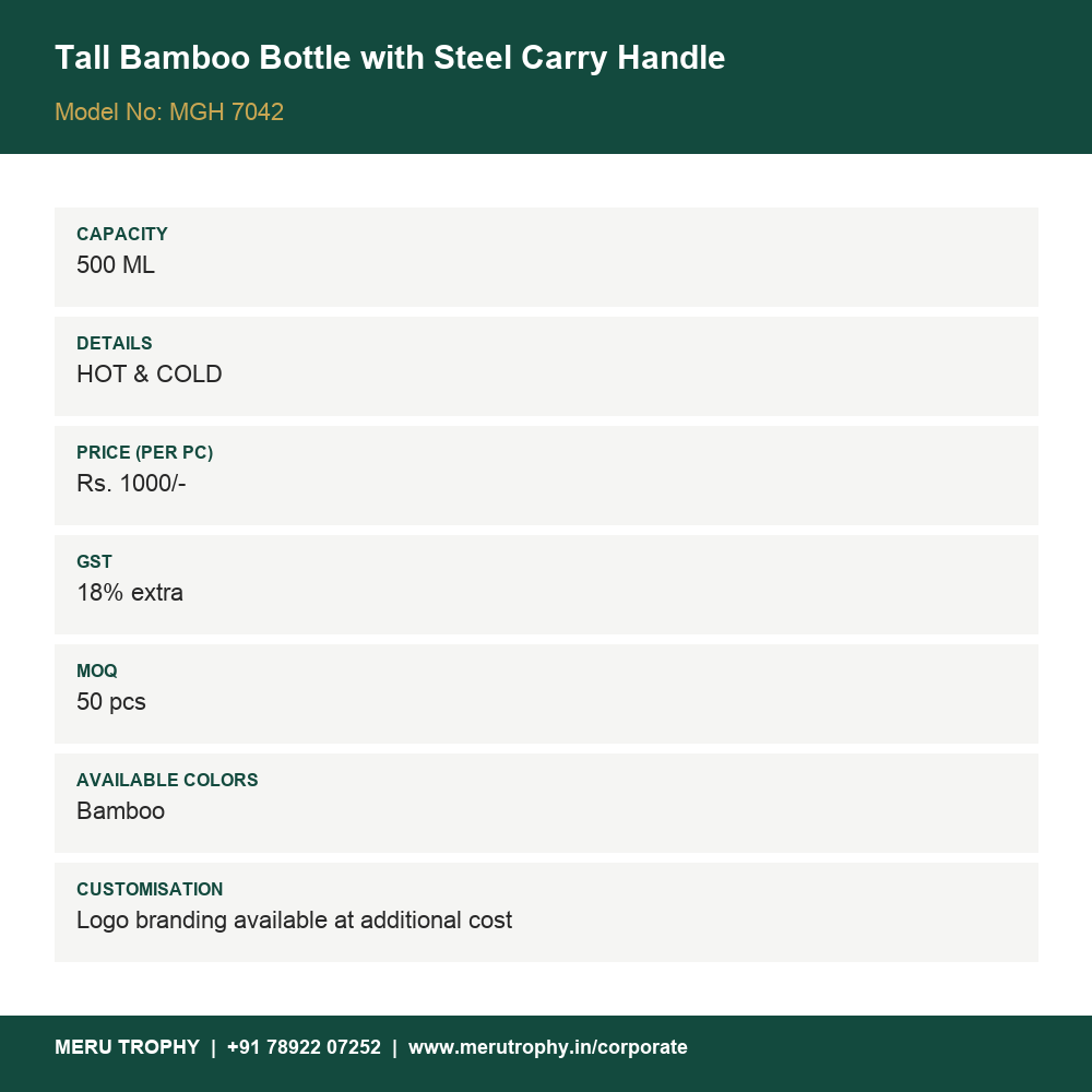 Tall Bamboo Bottle with Steel Carry Handle - details card - Meru Trophy corporate gifting