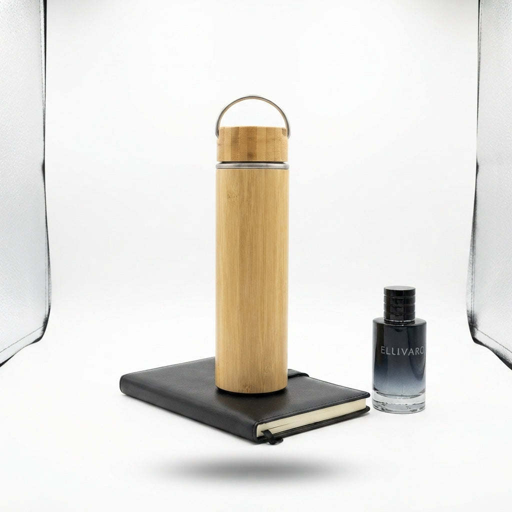 Tall Bamboo Bottle with Steel Carry Handle - Bamboo - Meru Trophy corporate gifting