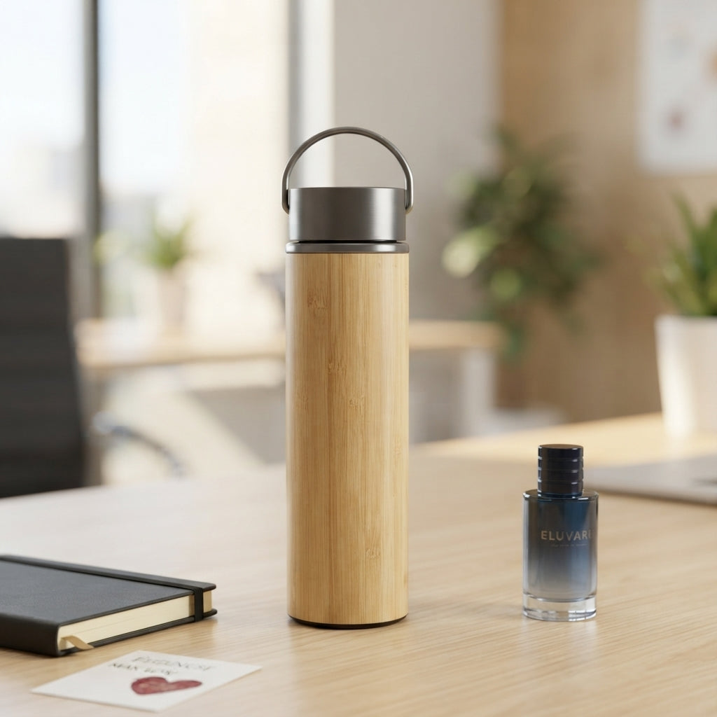 Tall Bamboo Bottle with Steel Carry Handle - lifestyle - Meru Trophy corporate gifting