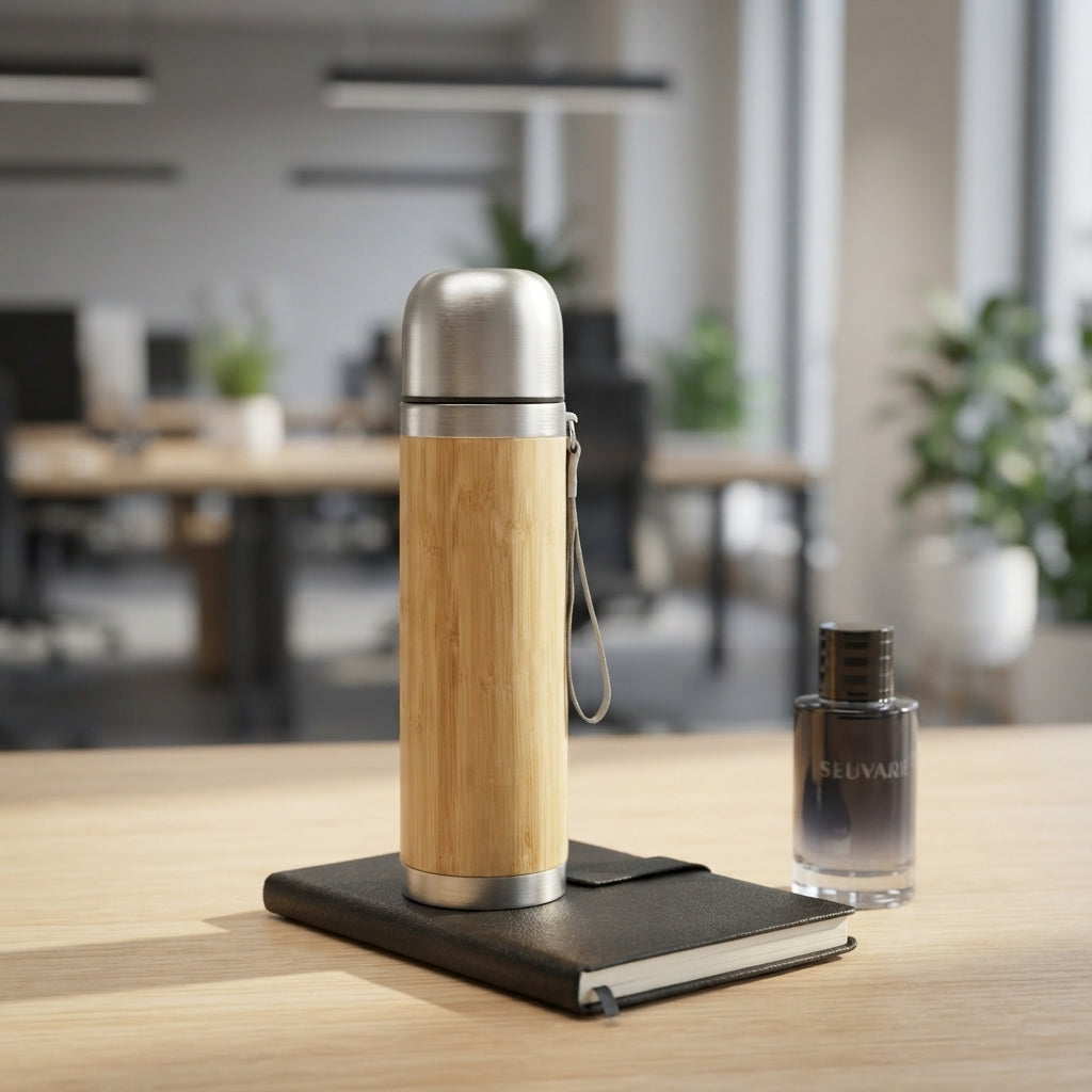 Bamboo Bullet Flask with Cup Lid - lifestyle - Meru Trophy corporate gifting