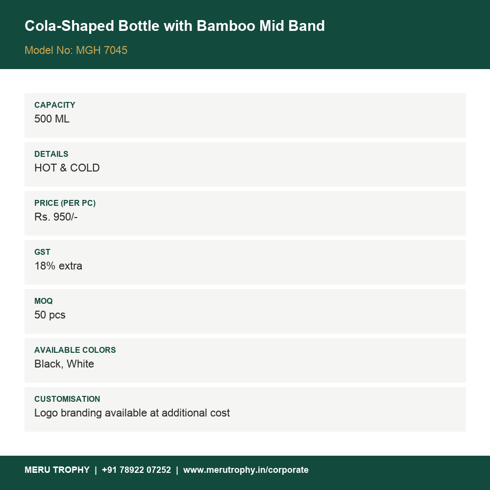 Cola-Shaped Bottle with Bamboo Mid Band - spec card - Meru Trophy corporate gifting