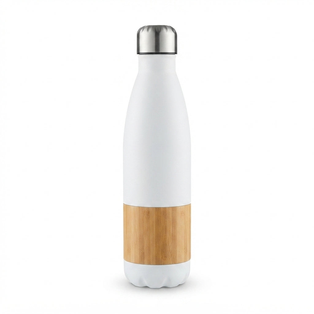 Cola-Shaped Bottle with Bamboo Mid Band - White - Meru Trophy corporate gifting