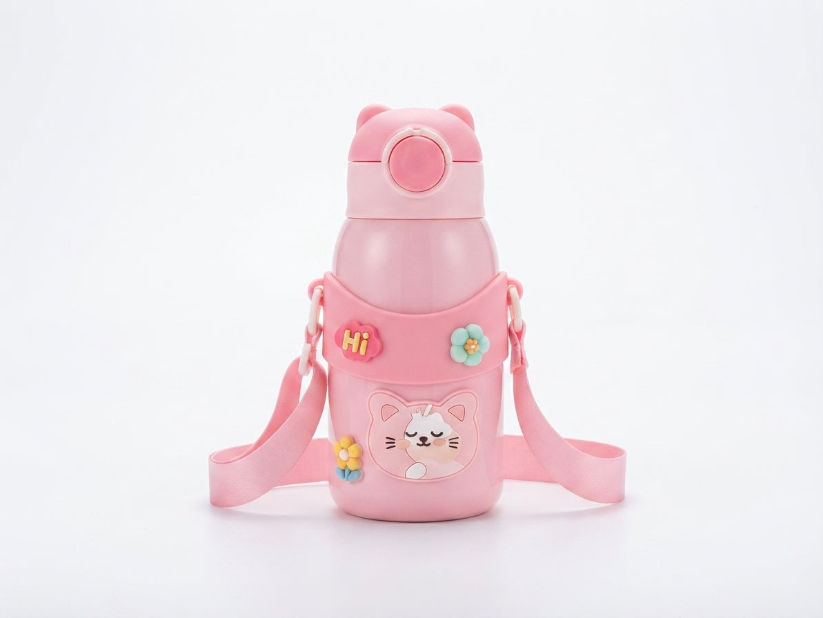 Sticker Decorated Kids Flask with Strap - Pink - Meru Trophy corporate gifting